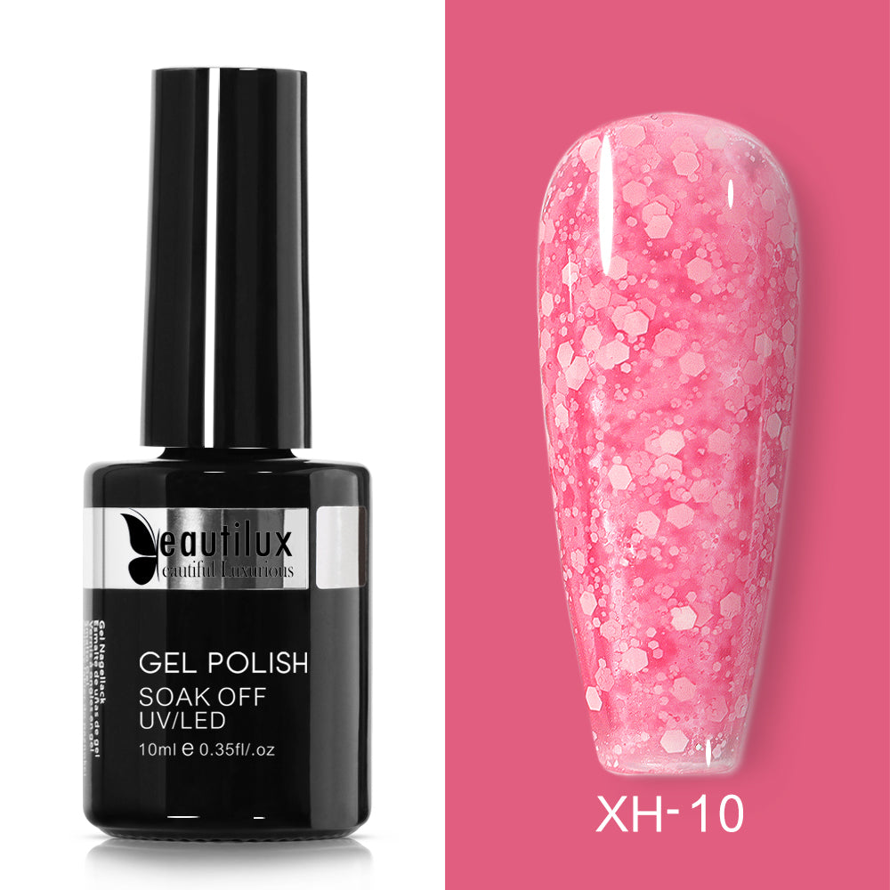 Semi-Permanent Varnish with Shimmering Snow Effect Peach Ref XH-05 - Subtle Shine and Hassle-Free Removal