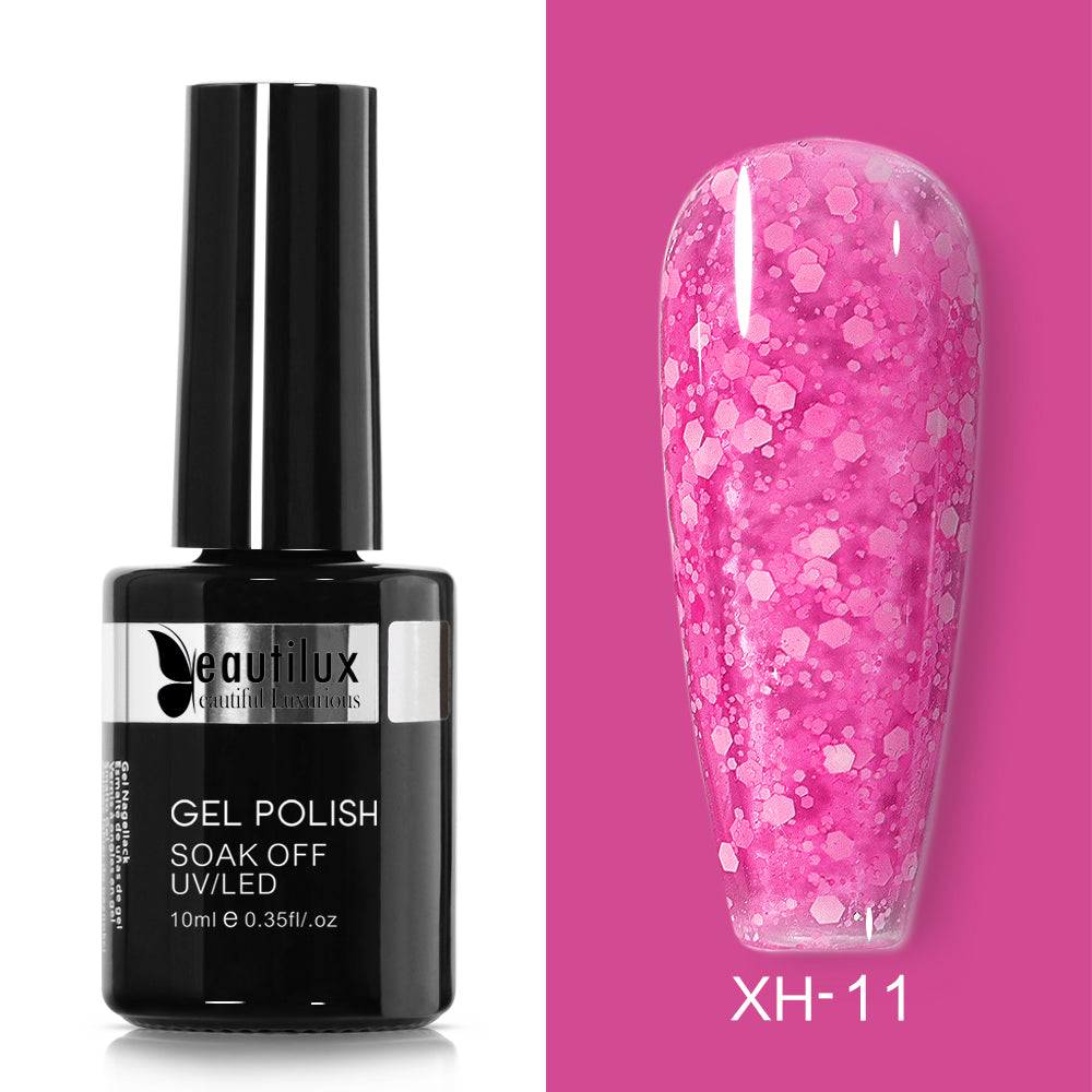 Semi-Permanent Varnish with Shimmering Snow Effect Peach Ref XH-05 - Subtle Shine and Hassle-Free Removal