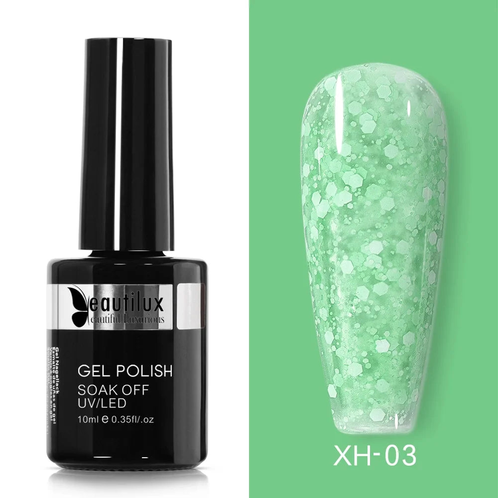 Semi-Permanent Varnish with Sparkling Snow Effect Light Green Ref XH-03 - Luminous Texture, Superior Durability