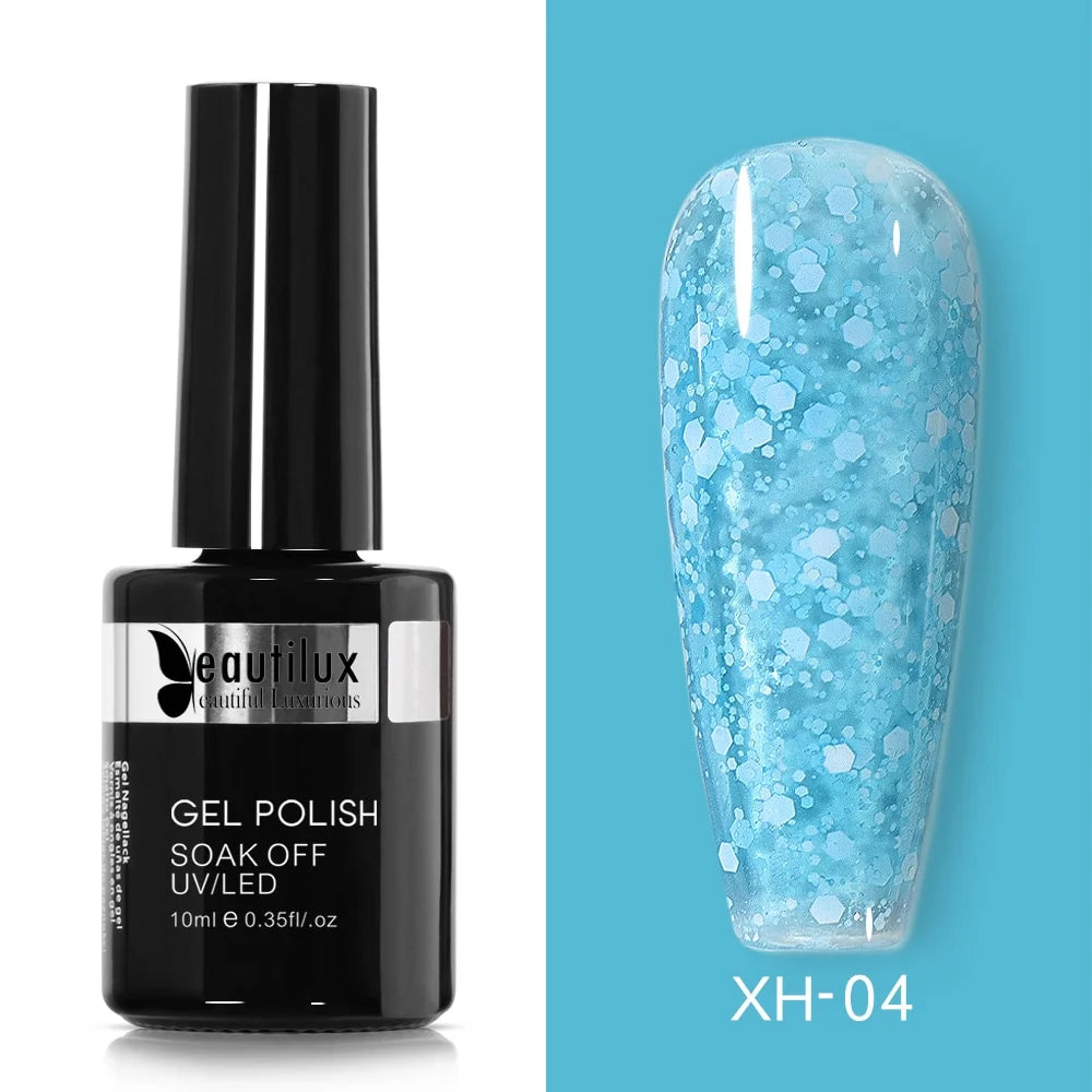 Semi-Permanent Varnish with Sparkling Snow Effect Sky Blue Ref XH-04 - Frosted Shine, Excellent Durability