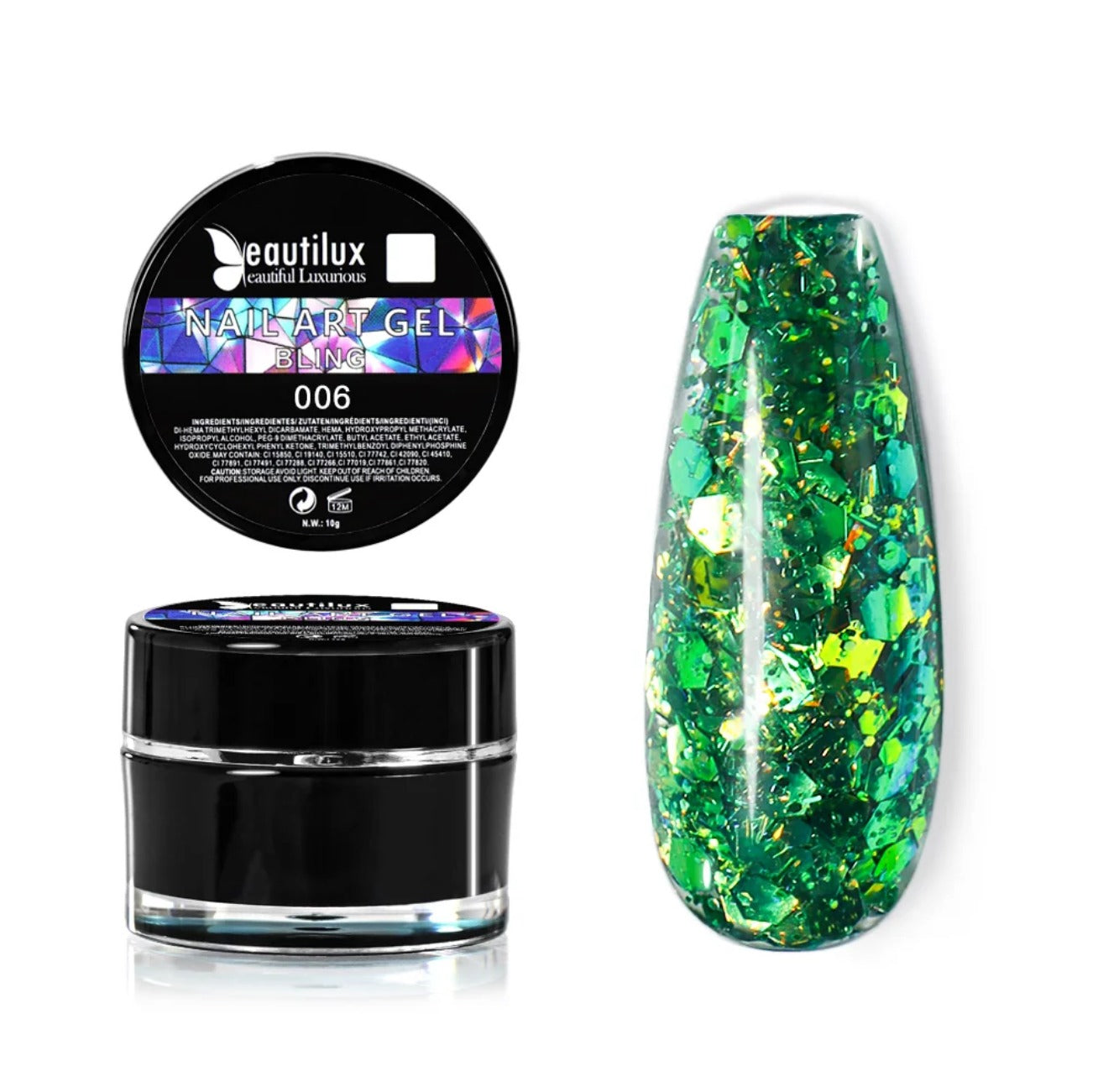 Nail Art Gel BLING Beautilux BHCD-06: Glitzernder grüner Glanz für eine kräftige French-Rückseite