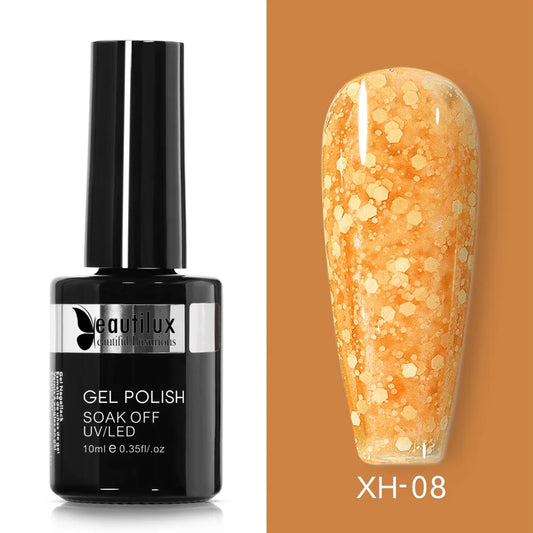 Semipermanenter Nagellack mit funkelndem Schneeeffekt, Amber Ref. XH-08 – goldener Glanz und einfache Entfernung