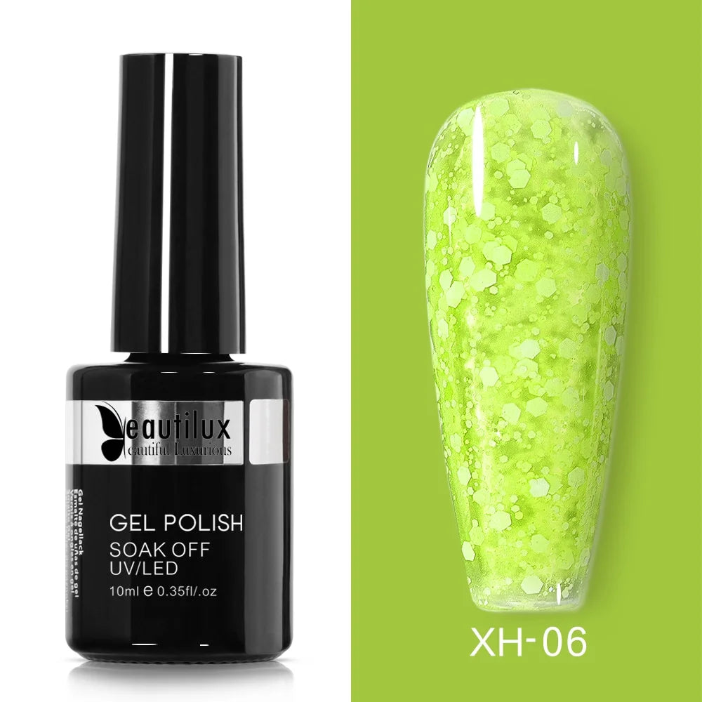 Semipermanenter Nagellack mit glitzerndem Limetten-Schnee-Effekt Ref. XH-06 – funkelnde Farbe und garantierte Langlebigkeit